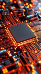 Fototapete - A close-up detailed view of a central processing unit CPU on a circuit board with glowing orange traces.