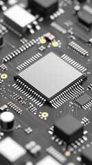 Fototapete - Close-up detailed view of a modern computer microchip circuit board showcasing intricate technological design elements.