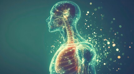 Poster - Female body anatomy illustration lymphatic system, organs. Visible lungs spine, skeletal structure. Visualization design evokes surreal concept of human body structure with light effects. Image