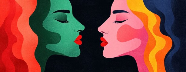 Poster - Two stylized female faces with vibrant colors and wavy hair almost kiss, a modern art illustration.