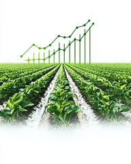 a vibrant green field with growing plants and an upward growth chart symbolizing agricultural progre