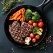 © anucha - Overhead View of Grilled Steaks and Roasted Vegetables in a Cast Iron Skillet