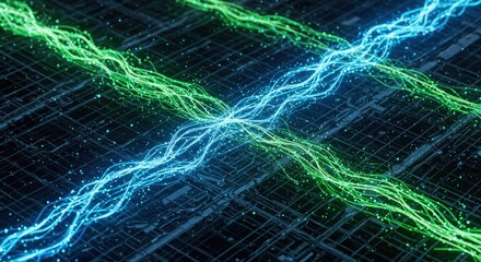 Poster - Abstract Digital Data Streams Crossing Pathways  Neon Blue and Green Energy Flowing Through Network