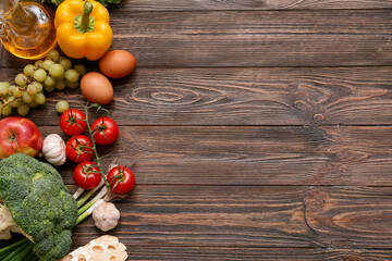 Wall Mural - Healthy products on wooden background. Diet concept