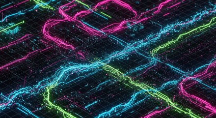 Poster - Abstract Neon Circuitry Digital Network Glowing Lines Data Flow Technology Background