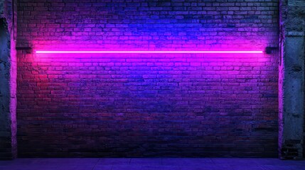 Aufkleber - Neon purple, blue light illuminates brick wall. Stylish urban aesthetic. High-resolution photo aged brickwork texture. Modern design element. Suitable for architectural visualization product display.