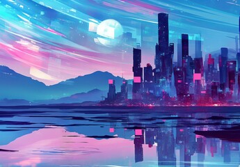 Poster - Futuristic Cityscape with Neon Lights and Floating Buildings Reflecting in Water Under a Colorful Sky