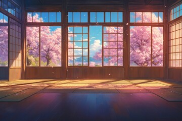 Poster - tranquil empty room with cherry blossom views and natural light in a serene setting