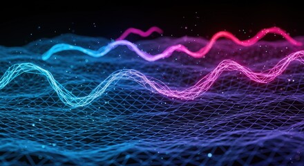 Poster - Abstract Digital Landscape Neon Waves Futuristic Technology Data Visualization Background