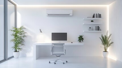Poster - Modern cassette type air conditioner mounted on white ceiling. Stylish lighting integrated. Interior view of home office space. Cool, comfortable temperature control system. White color