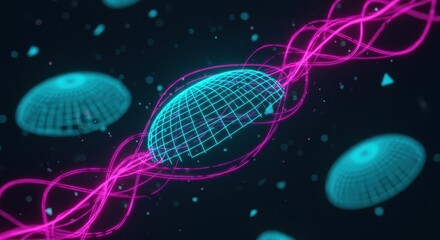 Poster - Abstract Neon Grid Sphere Interconnected with Pink and Blue Energy Waves in a Dark Space
