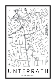 Hand drawn printable downtown road map poster of borough UNTERRATH of the German city of DÜSSELDORF on solid white background with city name
