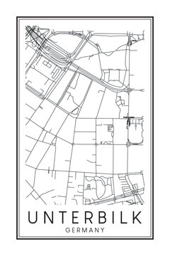 Hand drawn printable downtown road map poster of borough UNTERBILK of the German city of DÜSSELDORF on solid white background with city name