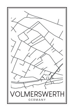 Hand drawn printable downtown road map poster of borough VOLMERSWERTH of the German city of DÜSSELDORF on solid white background with city name
