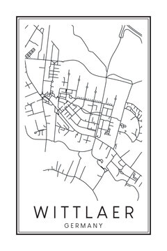 Hand drawn printable downtown road map poster of borough WITTLAER of the German city of DÜSSELDORF on solid white background with city name