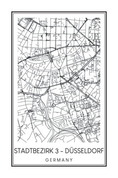 Hand drawn printable downtown road map poster of borough STADTBEZIRK 3 of the German city of DÜSSELDORF on solid white background with city name