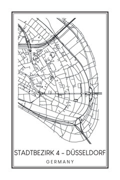Hand drawn printable downtown road map poster of borough STADTBEZIRK 4 of the German city of DÜSSELDORF on solid white background with city name