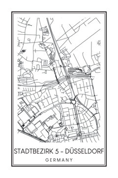 Hand drawn printable downtown road map poster of borough STADTBEZIRK 5 of the German city of DÜSSELDORF on solid white background with city name