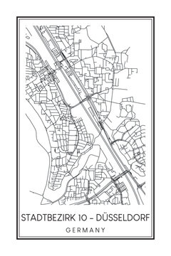 Hand drawn printable downtown road map poster of borough STADTBEZIRK 10 of the German city of DÜSSELDORF on solid white background with city name