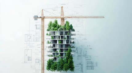 Wall Mural - Eco friendly building design. Modern apartment building with vertical green spaces on blueprints. Architects, engineers designing sustainable construction. Cityscape with construction crane