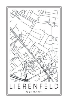 Hand drawn printable downtown road map poster of borough LIERENFELD of the German city of DÜSSELDORF on solid white background with city name