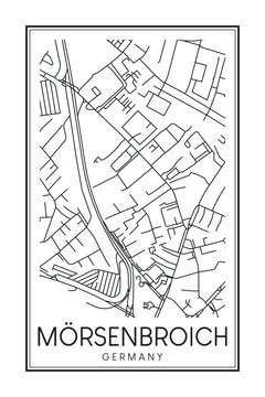Hand drawn printable downtown road map poster of borough MÖRSENBROICH of the German city of DÜSSELDORF on solid white background with city name