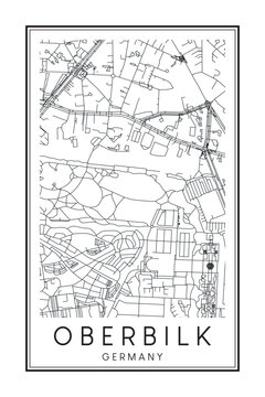 Hand drawn printable downtown road map poster of borough OBERBILK of the German city of DÜSSELDORF on solid white background with city name