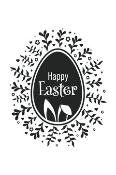 Happy Easter Vector Creative Greeting Card or Banner Design. Decorated Easter Egg, Bunny Ears, Spring Flowers and Plants decorations. Silhouette style Ornamental Eggs Creative Easter and Spring Frame.