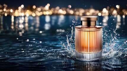 Poster - Close-up view of a perfume bottle on water, featuring dynamic droplets and a stunning light display against a dark blue backdrop