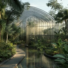 Wall Mural - glass greenhouse building surrounded by lush green plants and a