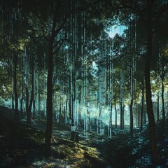 Wall Mural - dark forest with tall trees and light shining through the