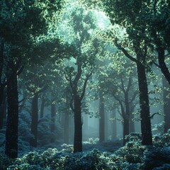 Wall Mural - trees in a forest with filtered light creating a mystical