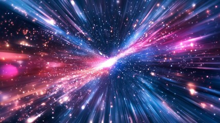 Wall Mural - Abstract hyperspace jump with bright light and streaks of red and blue colors and many stars