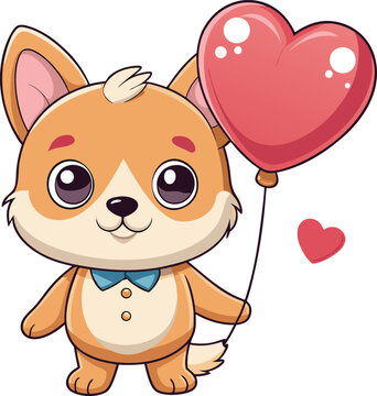 A title of a cute animal puppy, kitten holding a heart-shaped balloon 