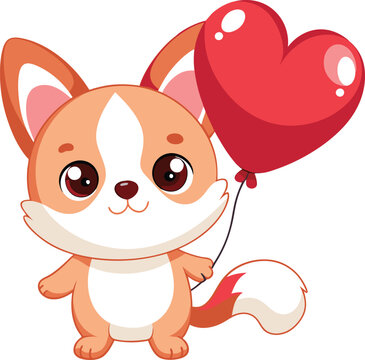 A title of a cute animal puppy, kitten holding a heart-shaped balloon 