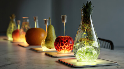 Poster - Fruits powering futuristic energy devices glow on table, showcasing innovation and sustainability. scene includes pineapple, pomegranate, pear, and orange, each connected to light source