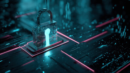 Aufkleber - Futuristic digital lock surrounded by glowing data streams on circuit board, symbolizing cybersecurity and data protection. neon blue and pink hues create high tech atmosphere