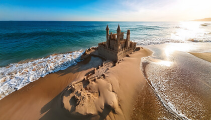 Aufkleber - A detailed sandcastle sits by the shore, surrounded by gentle waves and under a bright blue sky, creating a picturesque beach scene