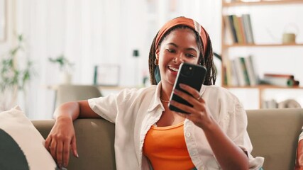 Poster - Happy, woman and rest with phone at house for communication, social media and reading blog. African person, smile and mobile app for texting feedback, weekend plans and message update of notification