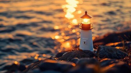 Aufkleber - A beautiful sunrise view of a miniature lighthouse on rocky shores, with the ocean in the background and warm, golden light reflecting off the water.