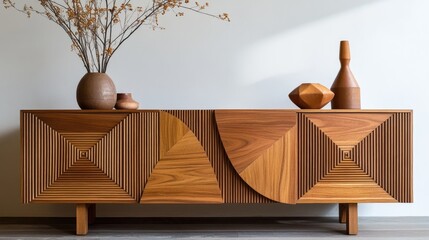 Poster - A beautifully crafted wooden sideboard featuring geometric carvings, adding a touch of natural warmth and elegance to a sleek modern minimalist interior.