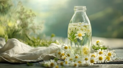 Poster - A calming still life with herbal-infused water in a glass bottle, surrounded by fresh chamomile flowers and a linen napkin, promoting eco-conscious elegance.