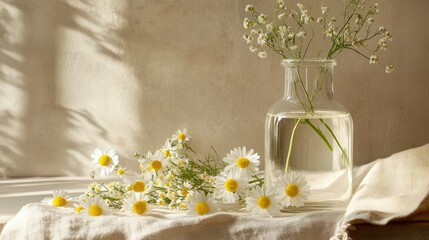 Poster - A calming still life with herbal-infused water in a glass bottle, surrounded by fresh chamomile flowers and a linen napkin, promoting eco-conscious elegance.