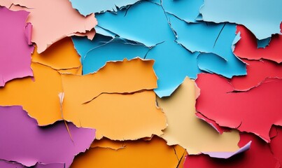 Poster - Dynamic arrangement of torn paper in vibrant pastel shades creates an abstract textured background.