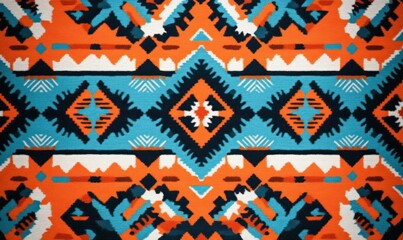 Poster - A vibrant geometric fabric pattern with turquoise, orange, and white creates a seamless abstract design.