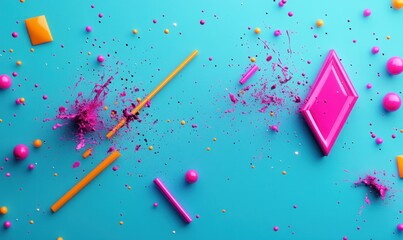 Poster - A vibrant abstract composition of pink splashes and geometric shapes against a bright blue backdrop.