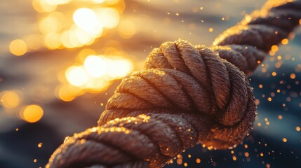 Poster - A close-up of a nautical rope knot glistening with sea spray at sunset, capturing the texture and beauty of the ocean in warm, golden light.