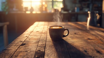 Poster - A close-up of a steaming cup of coffee placed on a rustic wooden table at sunrise, surrounded by soft natural light, perfect for a tranquil morning moment.