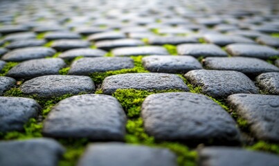 Poster - Cobblestone pathway with vibrant green moss growing between the stones, creating a textured surface.