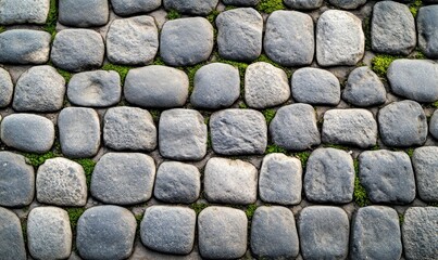Poster - A detailed view of cobblestones with moss growing in between, creating a rustic texture.